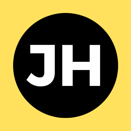JH in bold white text on top of a black circle in front of a vibrant yellow background