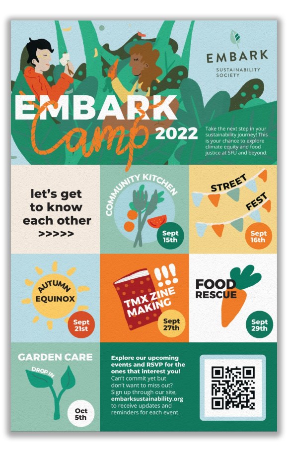 Print poster for Embark Camp 2022 featuring colourful illustrations of greenery, food, and more