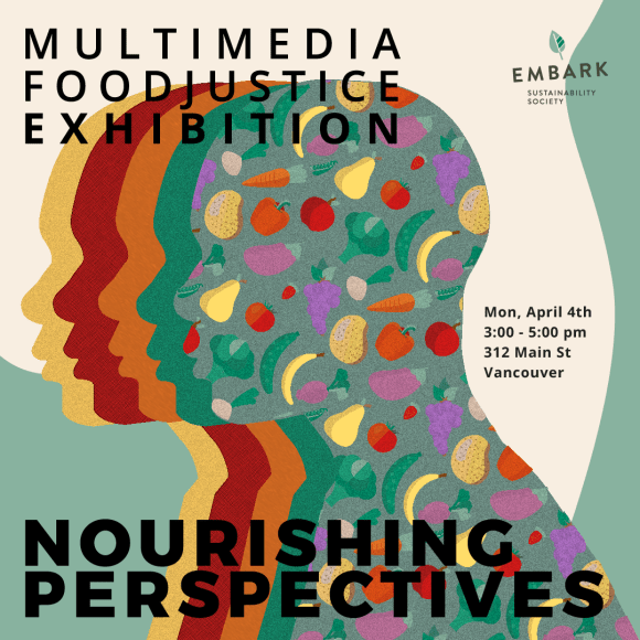 Multicolour silhouettes are layered, the top layer featuring illustrations of fruits and vegetables. Text reads Nourishing Perspectives Multimedia Food Justice Exhibition Mon, April 4th 312 Main St Vancouver