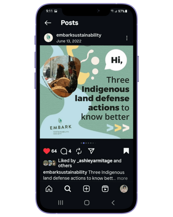 Phone screen showing an infographic with yellow, blue and beige curvy shapes decorate a green background. An image with people holding drums sits on the left-hand side. Text in a speech bubble reads Hi, followed by the title Three Indigenous land defense actions to know better >>>.