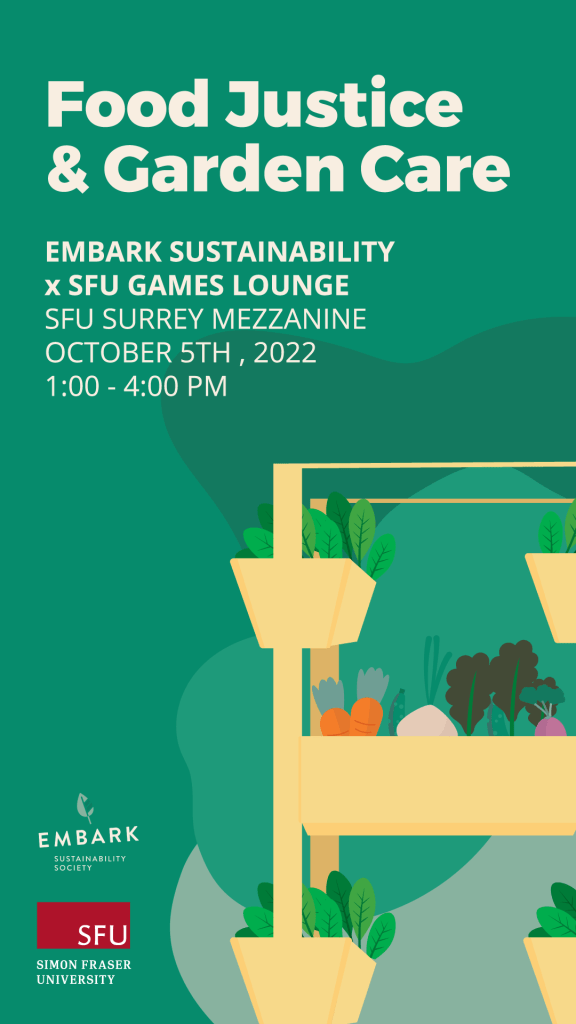 Graphic illustration of an indoor garden bed over a green background. Text reads Food Justice & Garden Care. Embark Sustainability times SFU Games Lounge. SFU Surrey Mezzanine October 5th 2022 1 - 4 PM